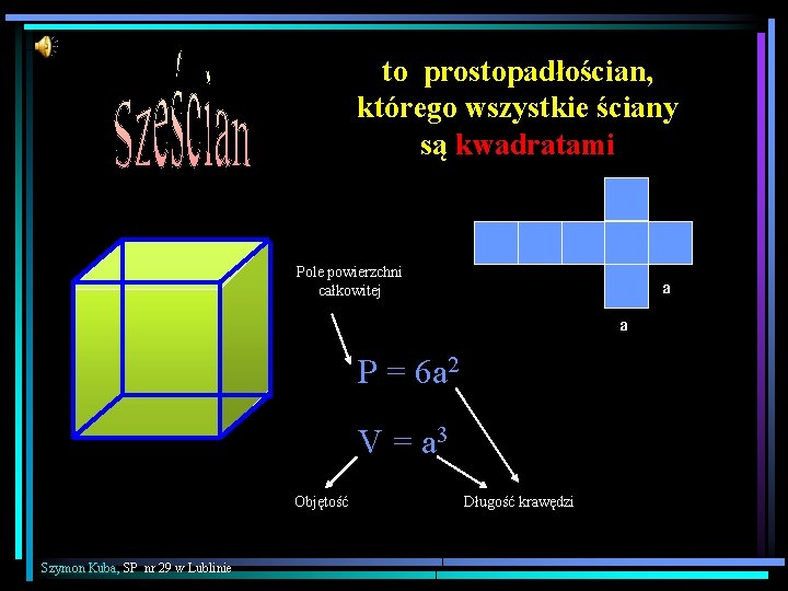to prostopadłościan, którego wszystkie ściany są kwadratami Pole powierzchni całkowitej a a P =