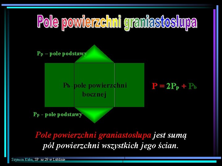 Pp – pole podstawy Pb -pole powierzchni bocznej P = 2 Pp + Pb