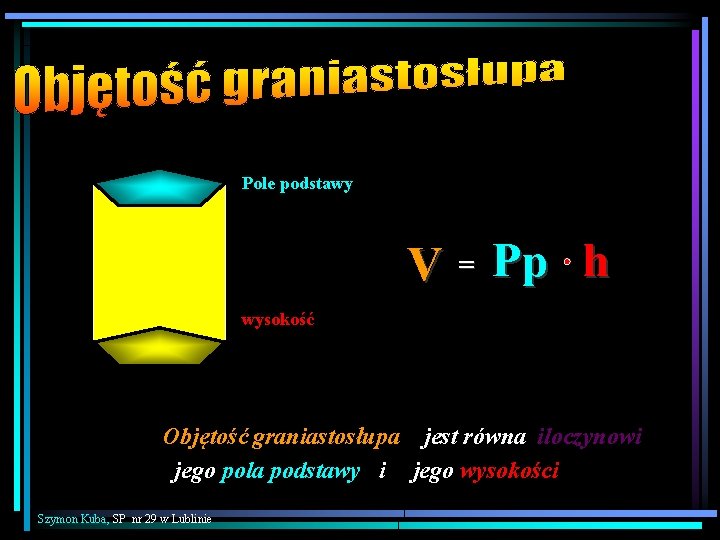 Pole podstawy V = Pp h wysokość Objętość graniastosłupa jest równa iloczynowi jego pola