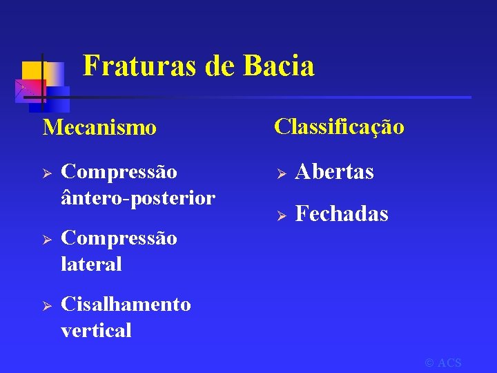 Fraturas de Bacia Mecanismo Ø Ø Ø Compressão ântero-posterior Compressão lateral Classificação Ø Abertas