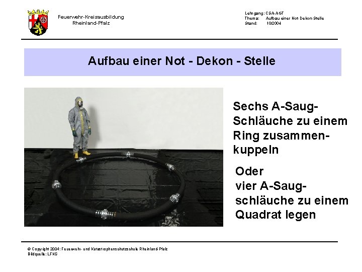 Feuerwehr-Kreisausbildung Rheinland-Pfalz Lehrgang: CSA-AGT Thema: Aufbau einer Not-Dekon-Stelle Stand: 10/2004 Aufbau einer Not -