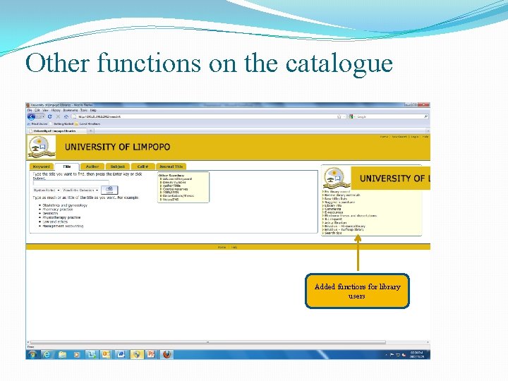 Other functions on the catalogue Added functions for library users 