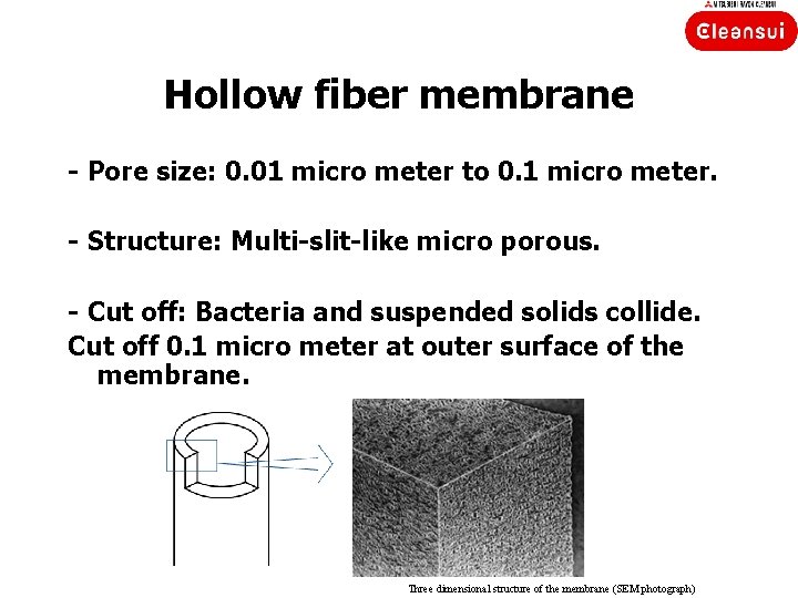 Hollow fiber membrane - Pore size: 0. 01 micro meter to 0. 1 micro