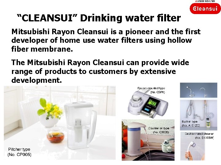 “CLEANSUI” Drinking water filter Mitsubishi Rayon Cleansui is a pioneer and the first developer