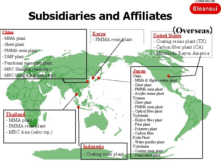 Subsidiaries and Affiliates China - MMA plant. - Sheet plant. - PMMA resin plant.