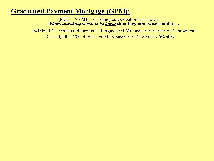 Graduated Payment Mortgage (GPM): (PMTt+s > PMTt, for some positive value of s and