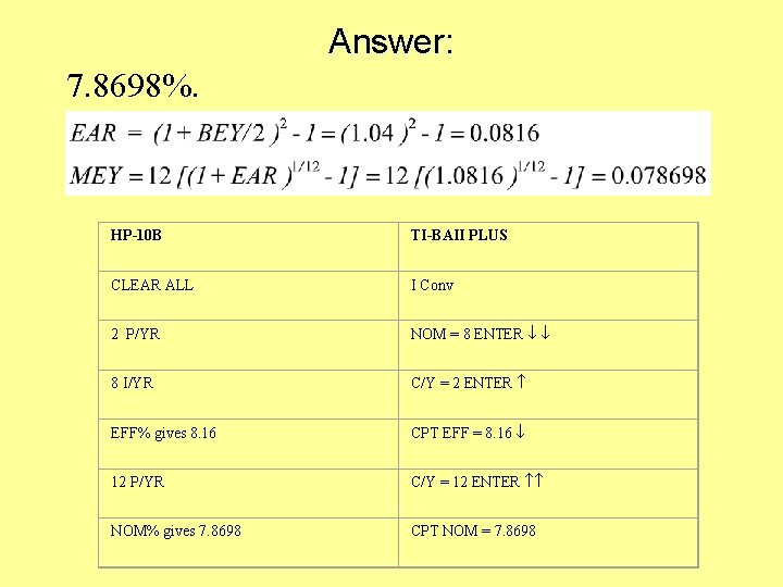 Answer: 7. 8698%. HP-10 B TI-BAII PLUS CLEAR ALL I Conv 2 P/YR NOM