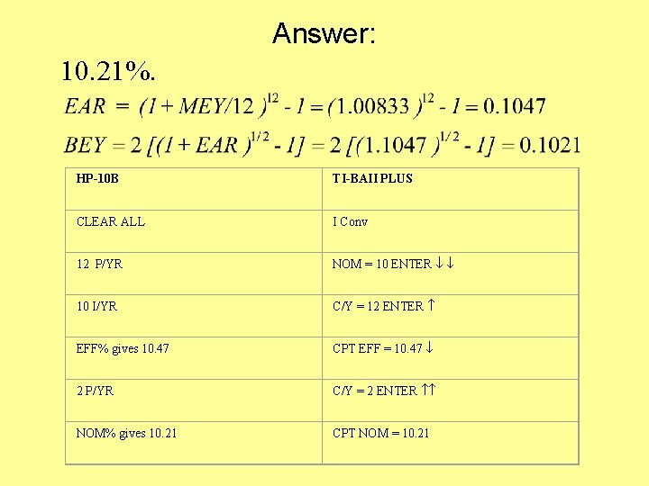 Answer: 10. 21%. HP-10 B TI-BAII PLUS CLEAR ALL I Conv 12 P/YR NOM