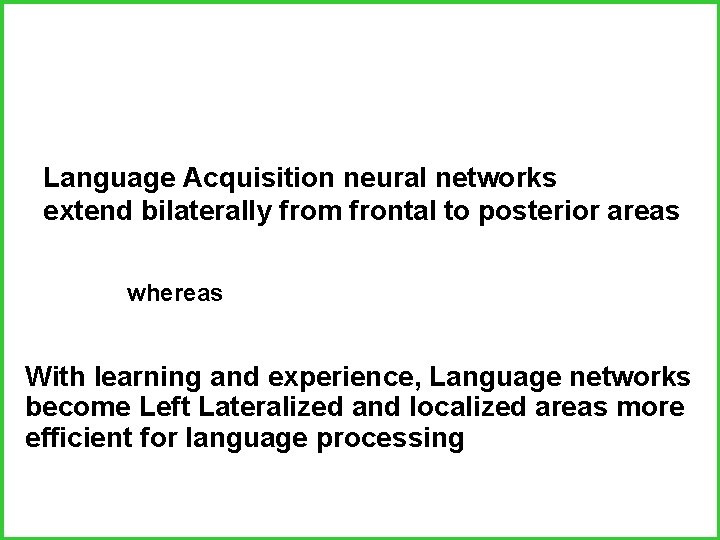 Language Acquisition neural networks extend bilaterally from frontal to posterior areas whereas With learning