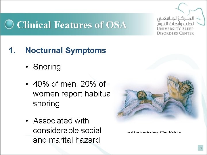 Clinical Features of OSA 1. Nocturnal Symptoms • Snoring • 40% of men, 20%