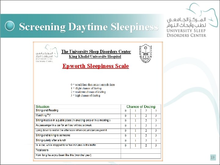 Screening Daytime Sleepiness Epworth Sleepiness Scale 19 