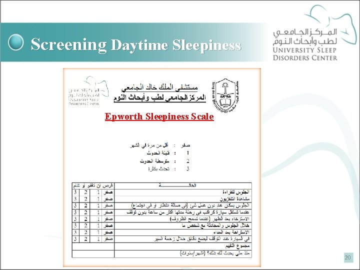 Screening Daytime Sleepiness Epworth Sleepiness Scale 20 