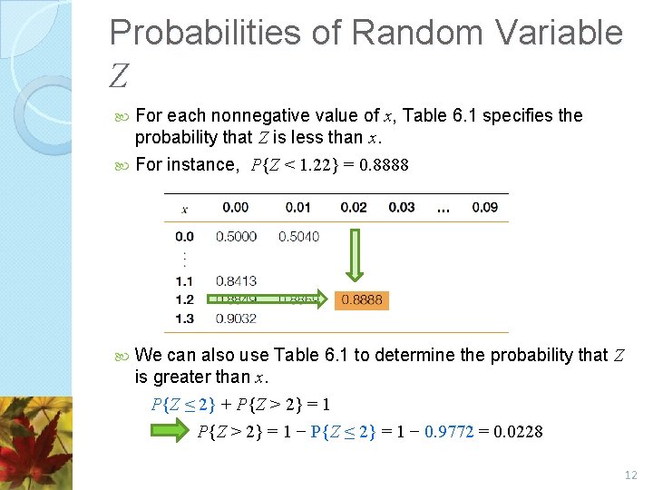 Probabilities of Random Variable Z For each nonnegative value of x, Table 6. 1