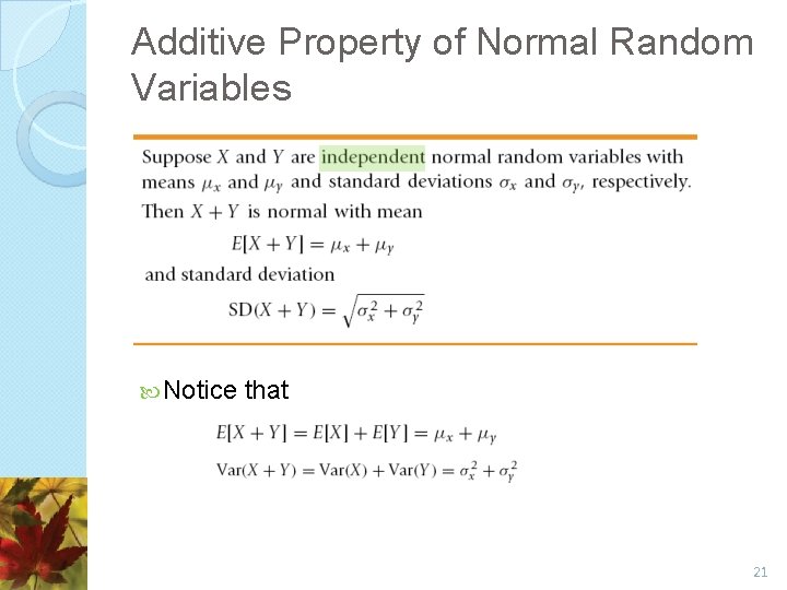 Additive Property of Normal Random Variables Notice that 21 