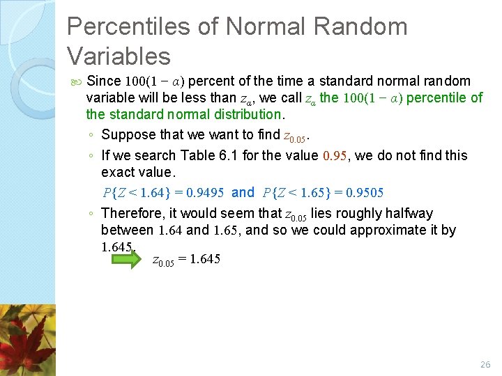 Percentiles of Normal Random Variables Since 100(1 − α) percent of the time a
