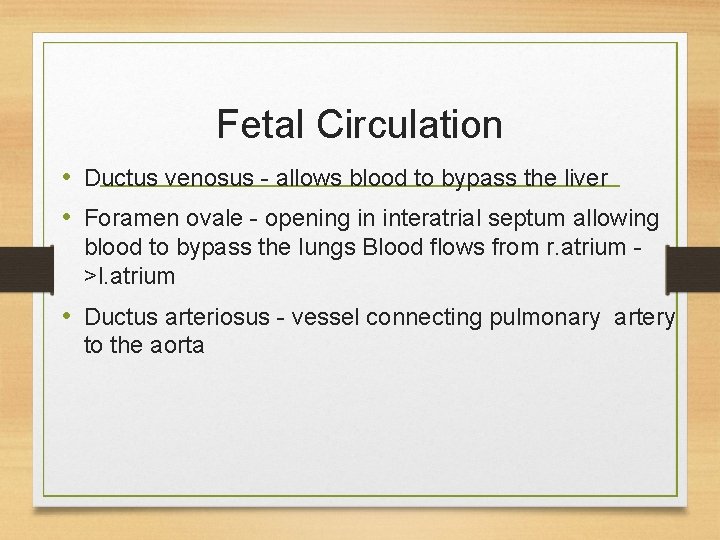 Fetal Circulation • Ductus venosus - allows blood to bypass the liver • Foramen