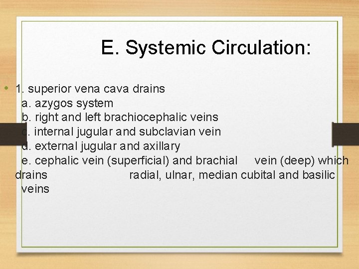 E. Systemic Circulation: • 1. superior vena cava drains a. azygos system b. right