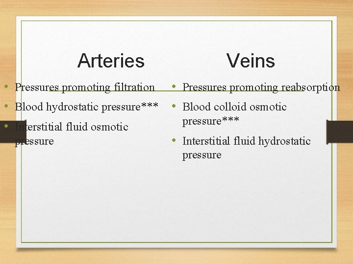 Arteries Veins • Pressures promoting filtration • Pressures promoting reabsorption • Blood hydrostatic pressure***