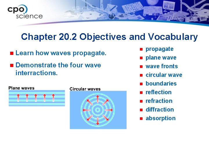 Chapter 20. 2 Objectives and Vocabulary n Learn how waves propagate. n Demonstrate the