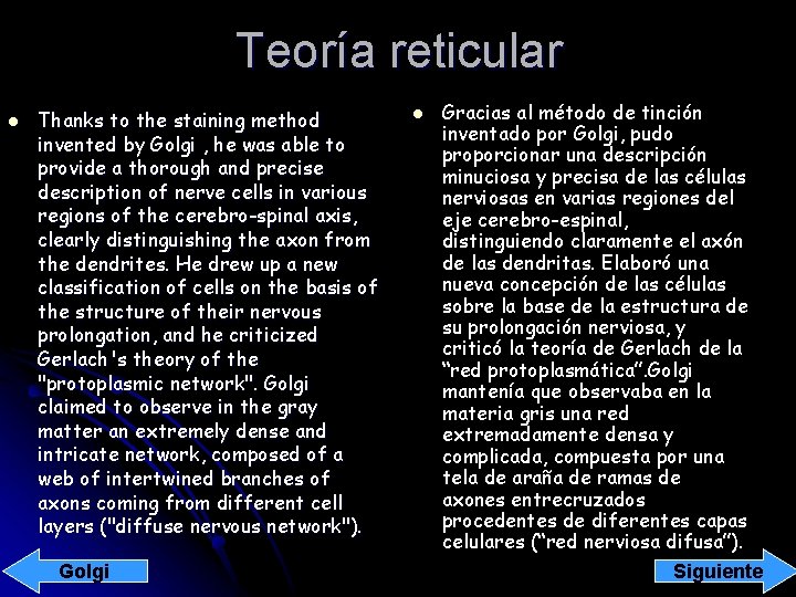 Teoría reticular l Thanks to the staining method invented by Golgi , he was