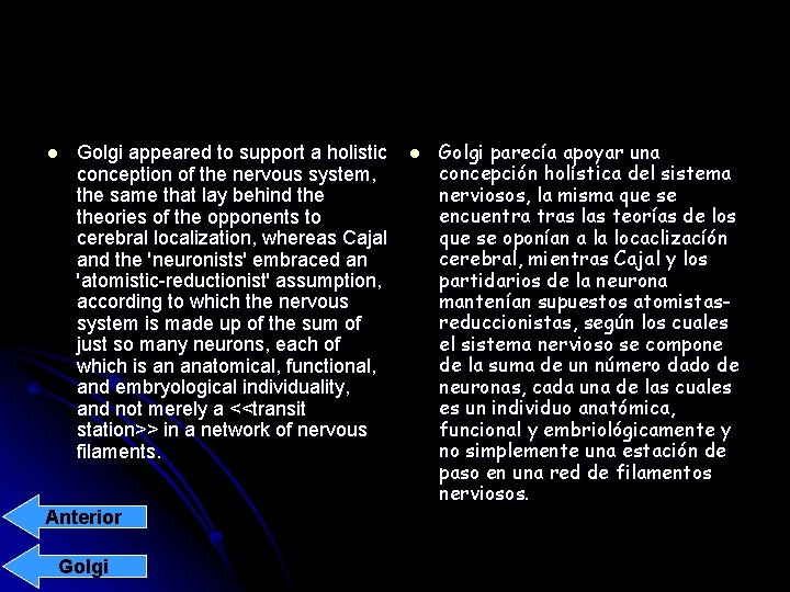 l Golgi appeared to support a holistic conception of the nervous system, the same