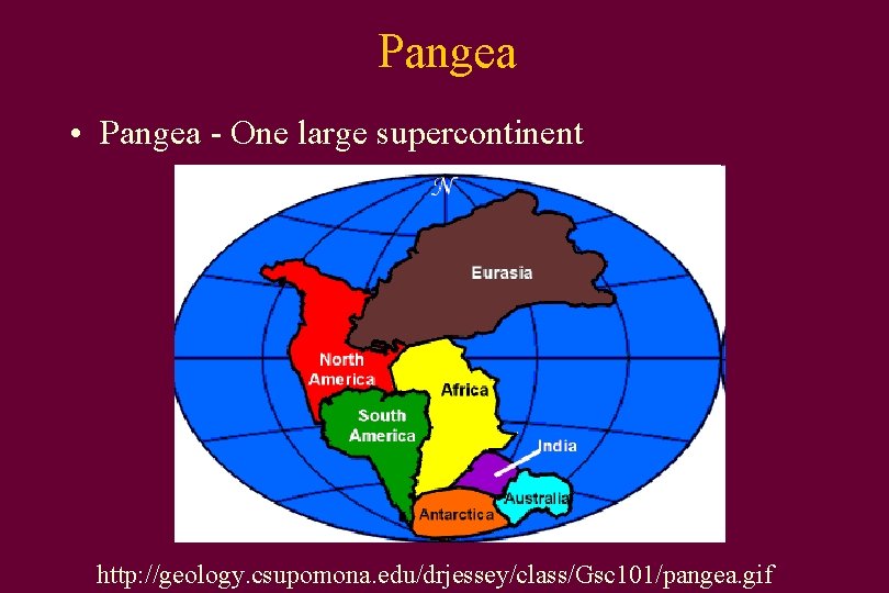 Pangea • Pangea - One large supercontinent http: //geology. csupomona. edu/drjessey/class/Gsc 101/pangea. gif 