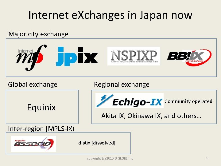 Internet e. Xchanges in Japan now Major city exchange Global exchange Equinix Regional exchange