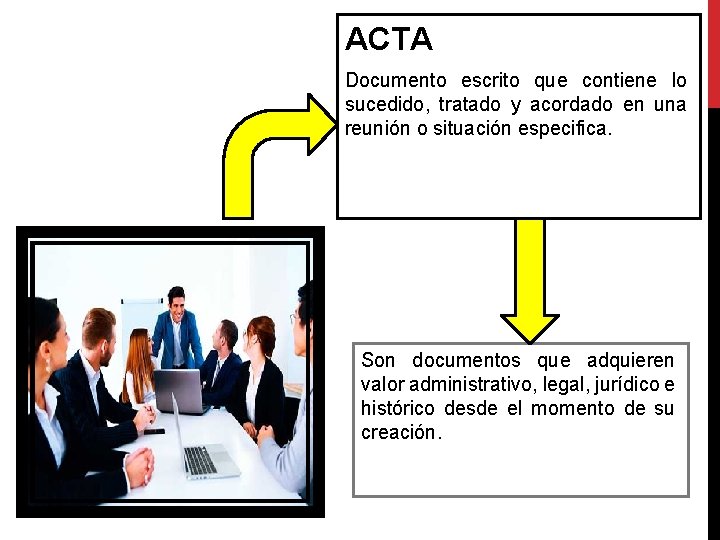 ACTA Documento escrito que contiene lo sucedido, tratado y acordado en una reunión o