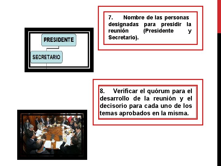 7. Nombre de las personas designadas para presidir la reunión (Presidente y Secretario). 8.