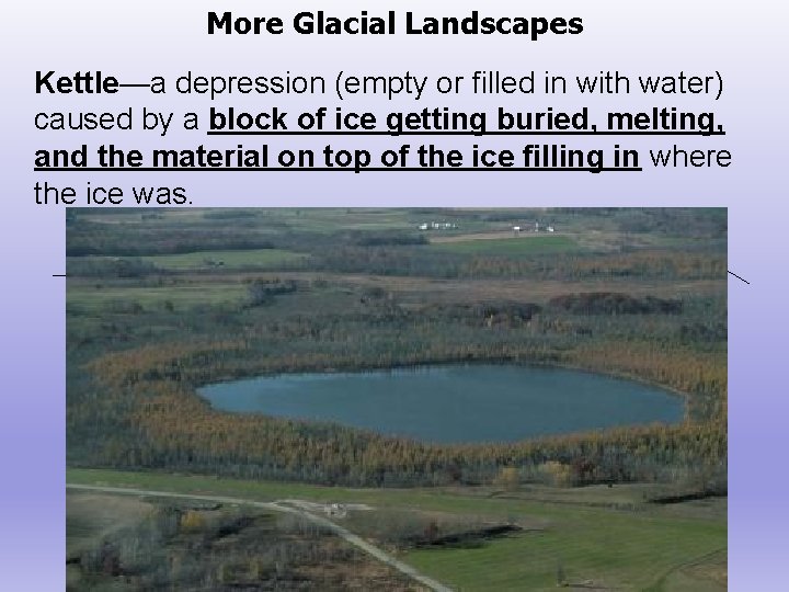 More Glacial Landscapes Kettle—a depression (empty or filled in with water) caused by a