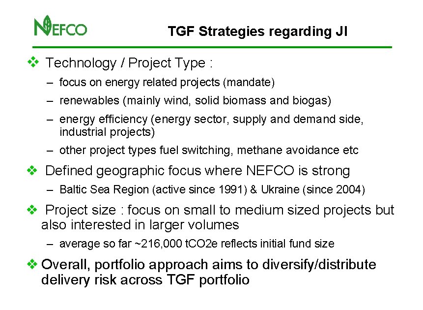 TGF Strategies regarding JI v Technology / Project Type : – focus on energy