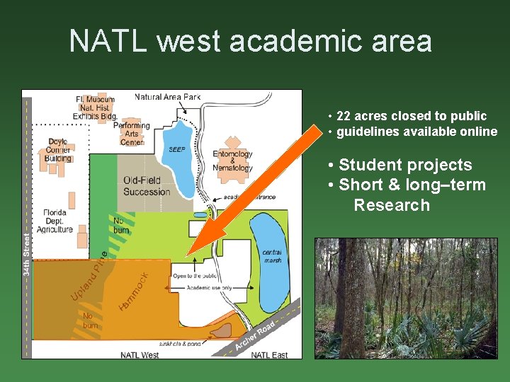 NATL west academic area • 22 acres closed to public • guidelines available online