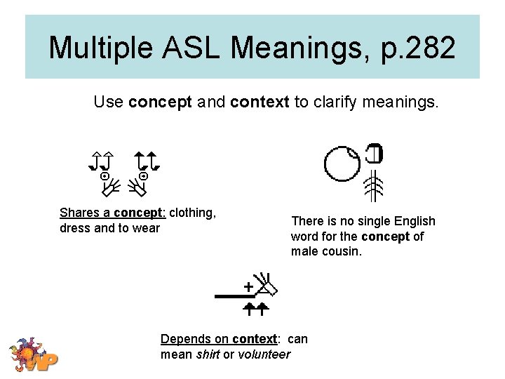 Multiple ASL Meanings, p. 282 Use concept and context to clarify meanings. Shares a