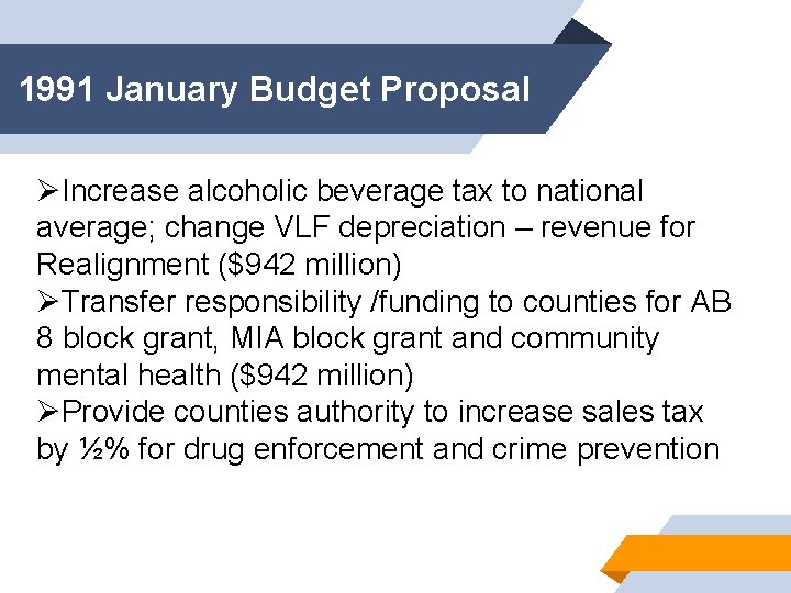1991 January Budget Proposal ØIncrease alcoholic beverage tax to national average; change VLF depreciation