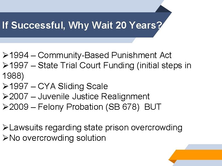 If Successful, Why Wait 20 Years? Ø 1994 – Community-Based Punishment Act Ø 1997