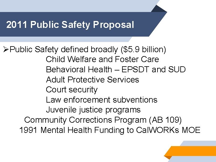2011 Public Safety Proposal ØPublic Safety defined broadly ($5. 9 billion) Child Welfare and