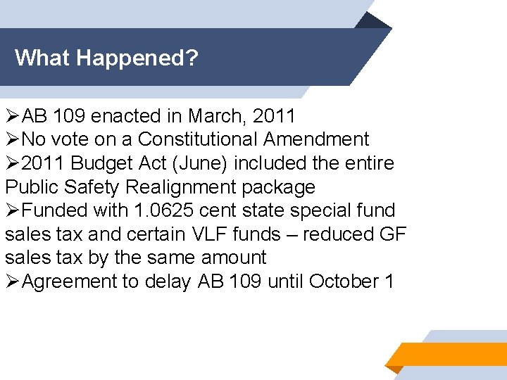 What Happened? ØAB 109 enacted in March, 2011 ØNo vote on a Constitutional Amendment