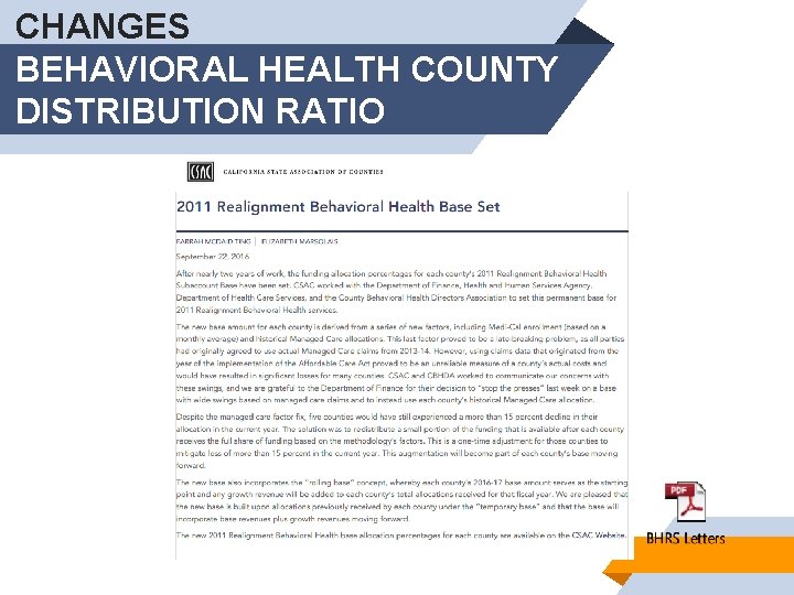 CHANGES BEHAVIORAL HEALTH COUNTY DISTRIBUTION RATIO 