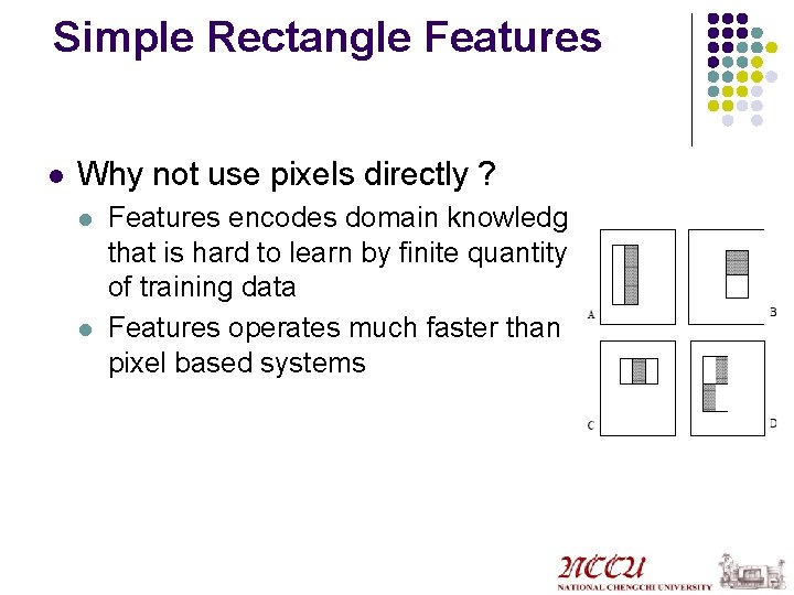 Simple Rectangle Features l Why not use pixels directly ? l l Features encodes