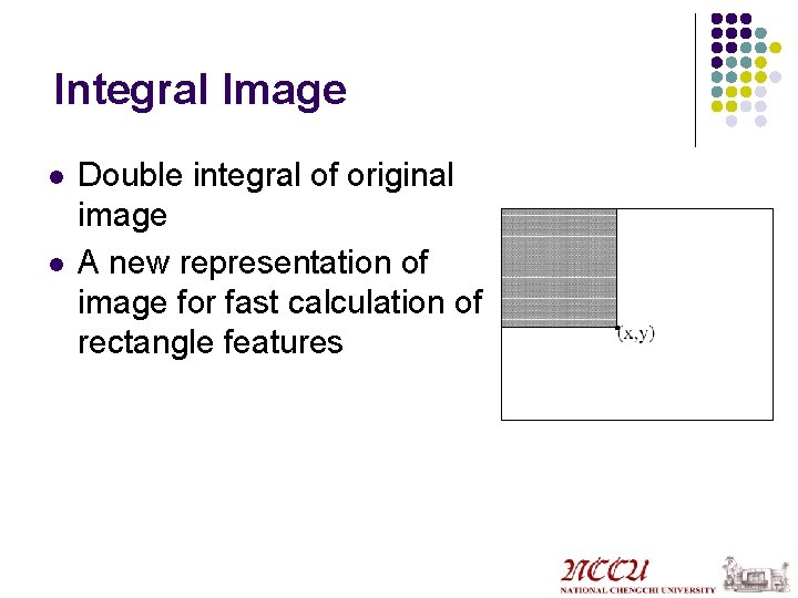 Integral Image l l Double integral of original image A new representation of image