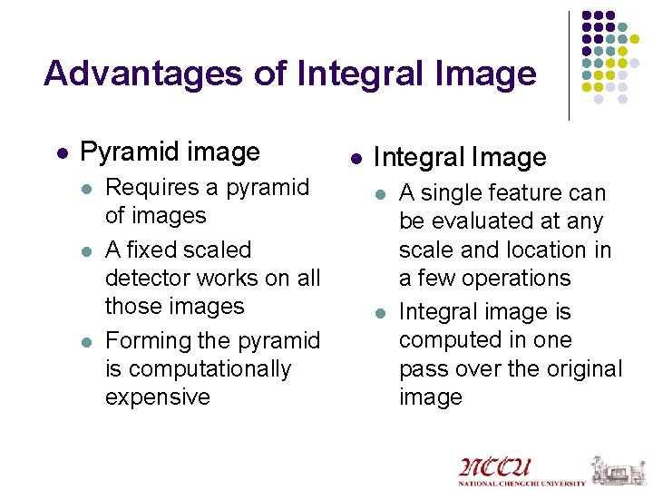 Advantages of Integral Image l Pyramid image l l l Requires a pyramid of
