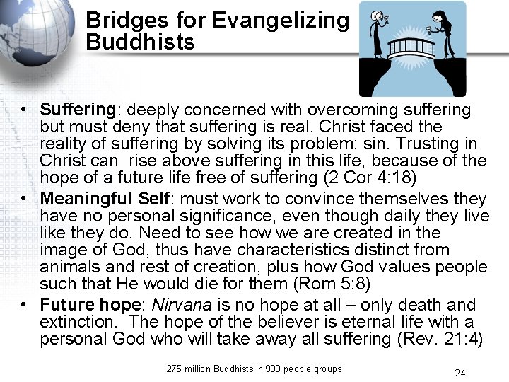 Bridges for Evangelizing Buddhists • Suffering: deeply concerned with overcoming suffering but must deny