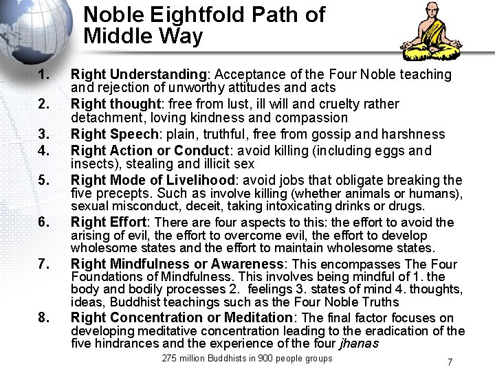 Noble Eightfold Path of Middle Way 1. 2. 3. 4. 5. 6. 7. 8.