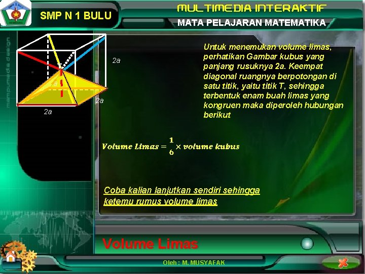 SMP N 1 BULU Untuk menemukan volume limas, perhatikan Gambar kubus yang panjang rusuknya