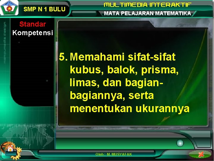 SMP N 1 BULU MATA PELAJARAN MATEMATIKA Standar Kompetensi 5. Memahami sifat-sifat kubus, balok,