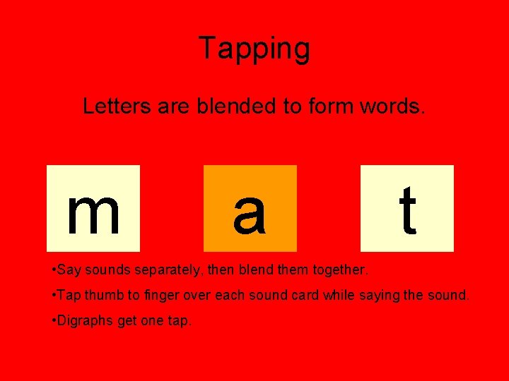 Tapping Letters are blended to form words. m a t • Say sounds separately,