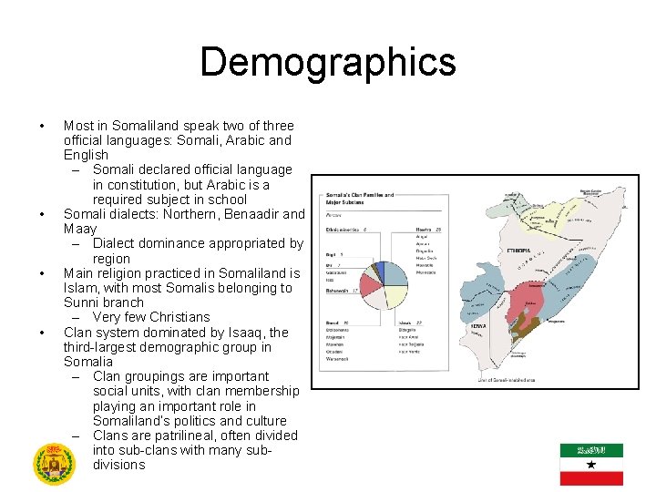 Demographics • • Most in Somaliland speak two of three official languages: Somali, Arabic
