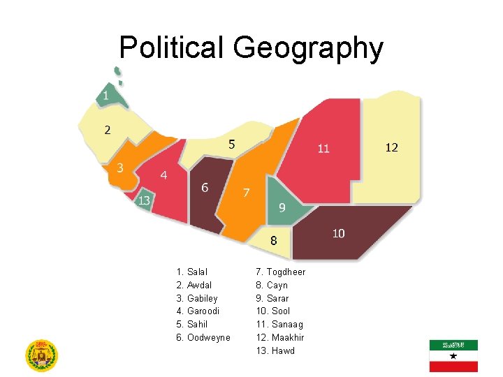 Political Geography 1. Salal 2. Awdal 3. Gabiley 4. Garoodi 5. Sahil 6. Oodweyne