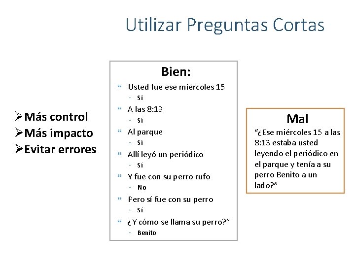 Utilizar Preguntas Cortas Bien: Usted fue ese miércoles 15 ◦ Sí ØMás control ØMás