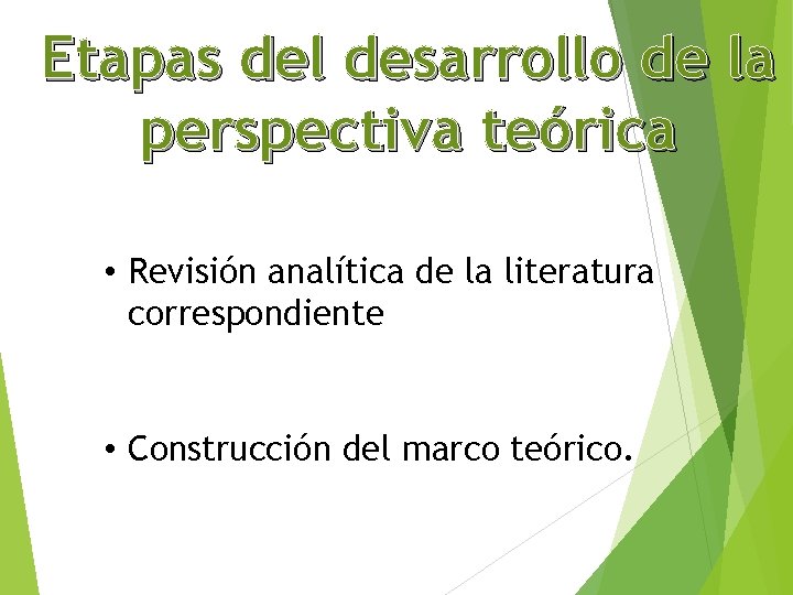 Etapas del desarrollo de la perspectiva teórica • Revisión analítica de la literatura correspondiente